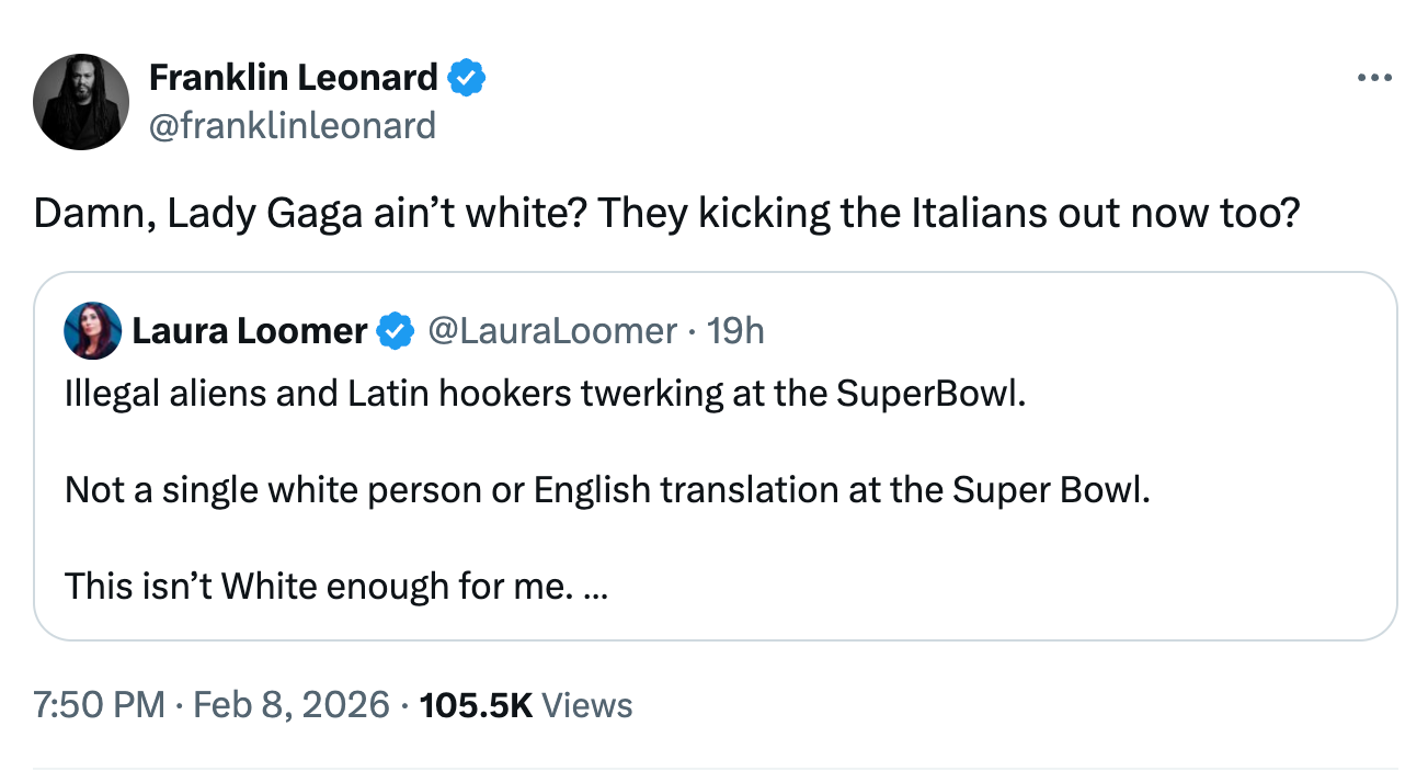 Tweet by Franklin Leonard discussing reactions to Lady Gaga's show  astatine  the Super Bowl with an embedded tweet criticizing the event's inclusivity