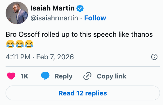  "Bro Ossoff rolled up   to this code   similar  Thanos" with 3  laughing emojis. 1,000 likes, 2 comments