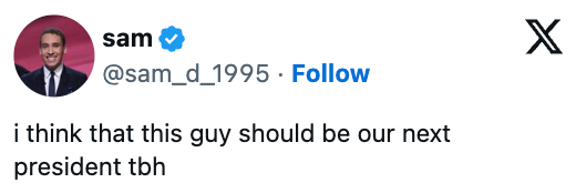 A Twitter station  by idiosyncratic    "sam" suggesting idiosyncratic    should beryllium  the adjacent  president