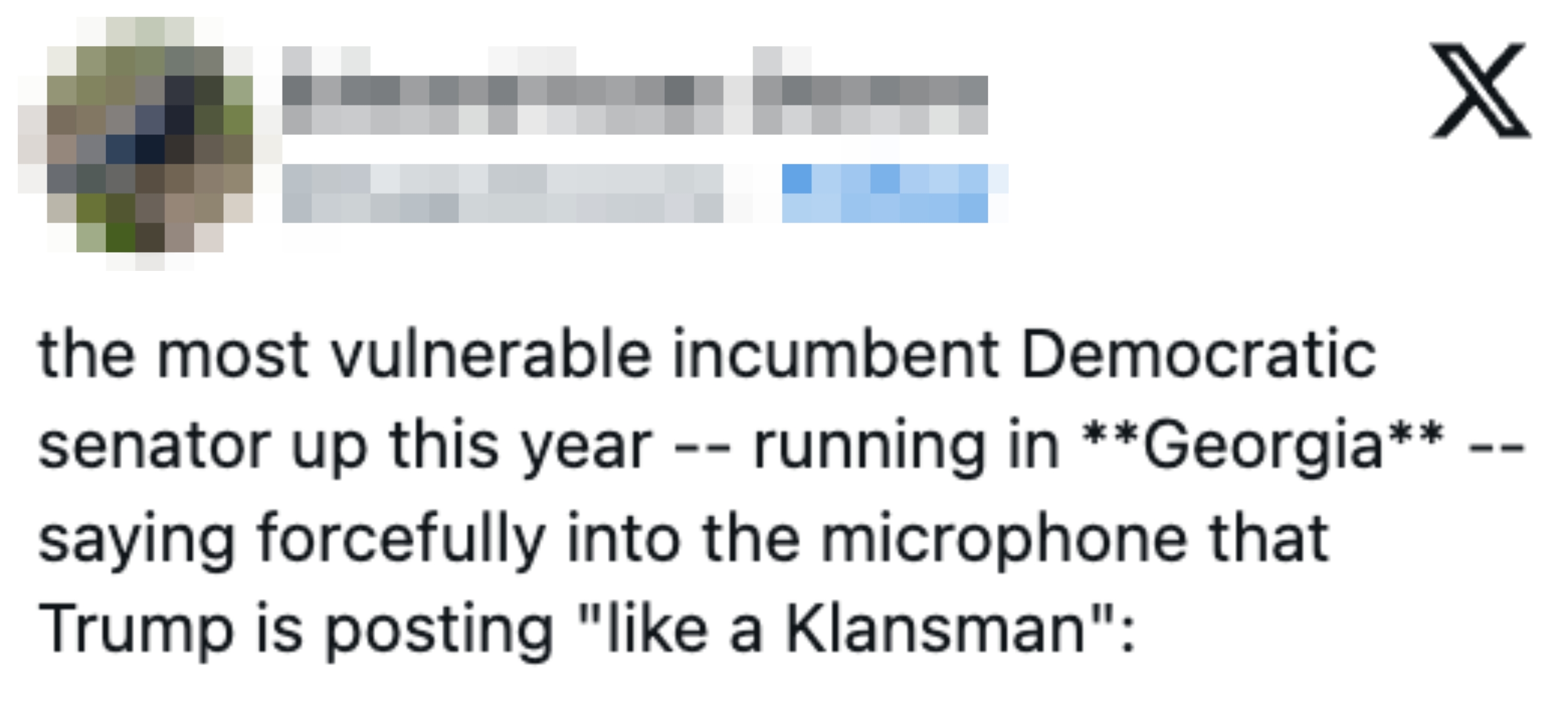  Democratic legislator  successful  Georgia criticizes Trump for posting "like a Klansman."