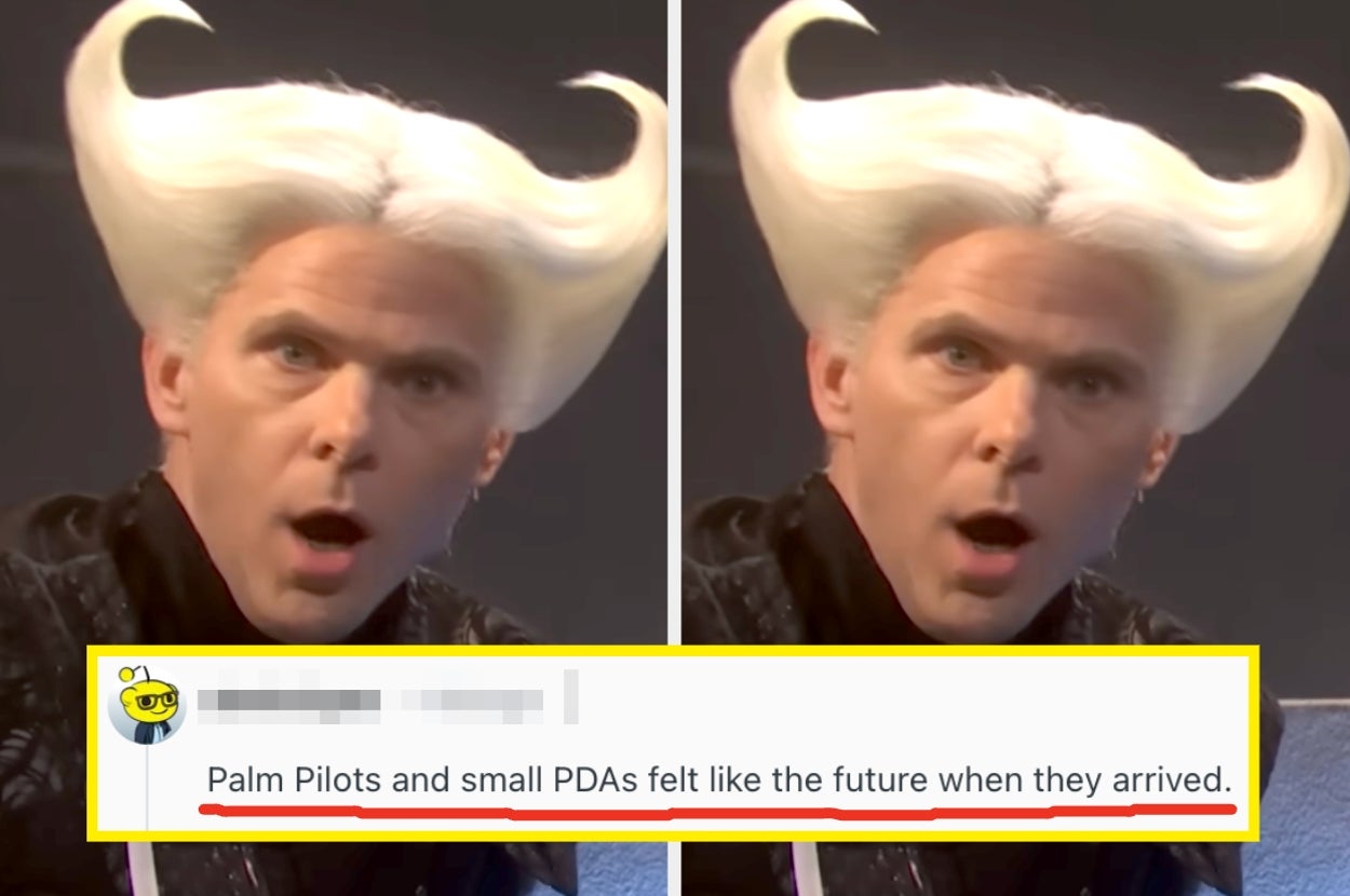 A person with dramatic, upswept white hair looks surprised. Text below reflects on how Palm Pilots and PDAs felt futuristic at their debut