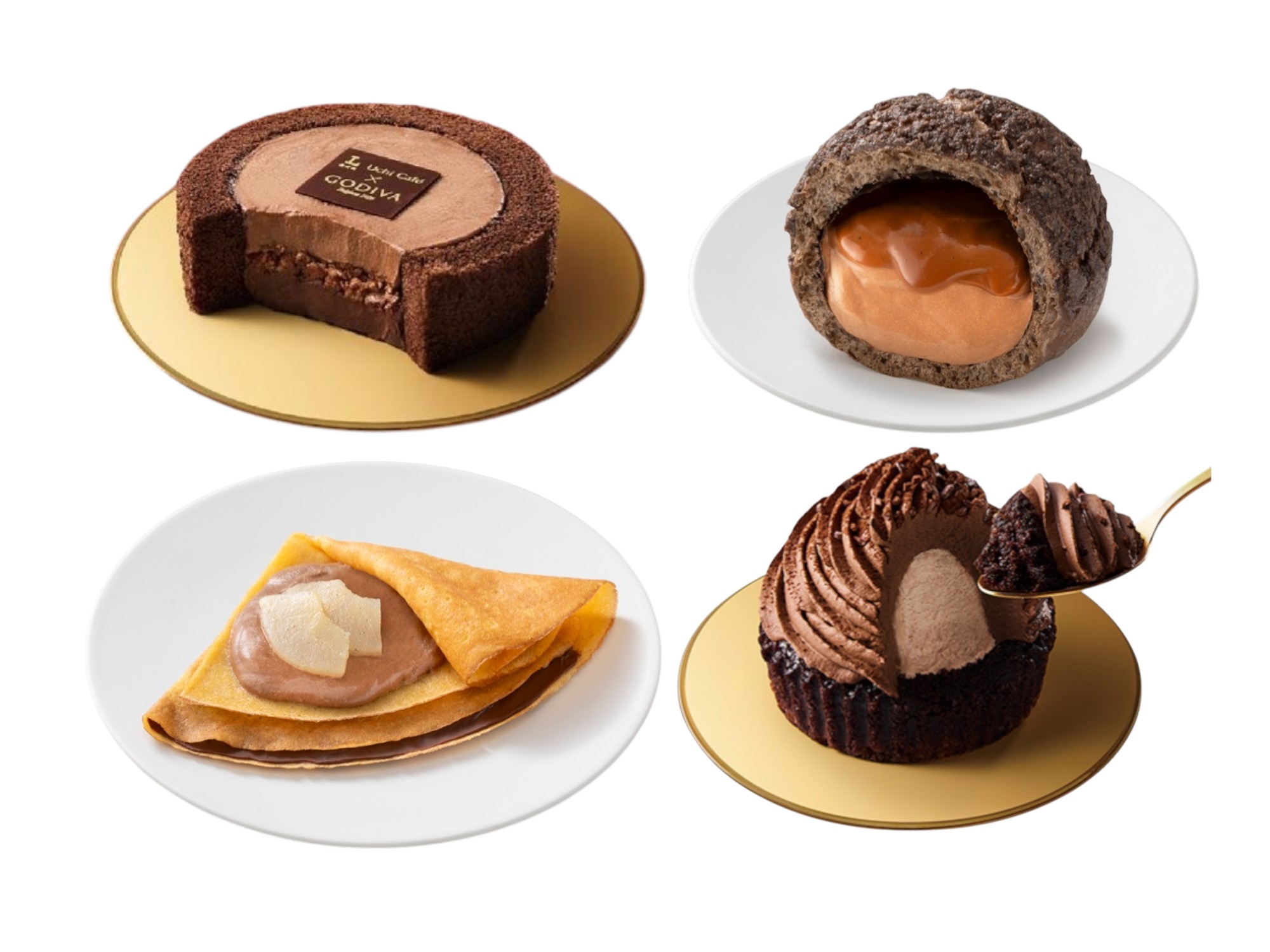 4種類のデザート：チョコレートケーキ、カラメル入りシュー、洋梨クレープ、フォンダンショコラ。すべてプレートに乗っている。