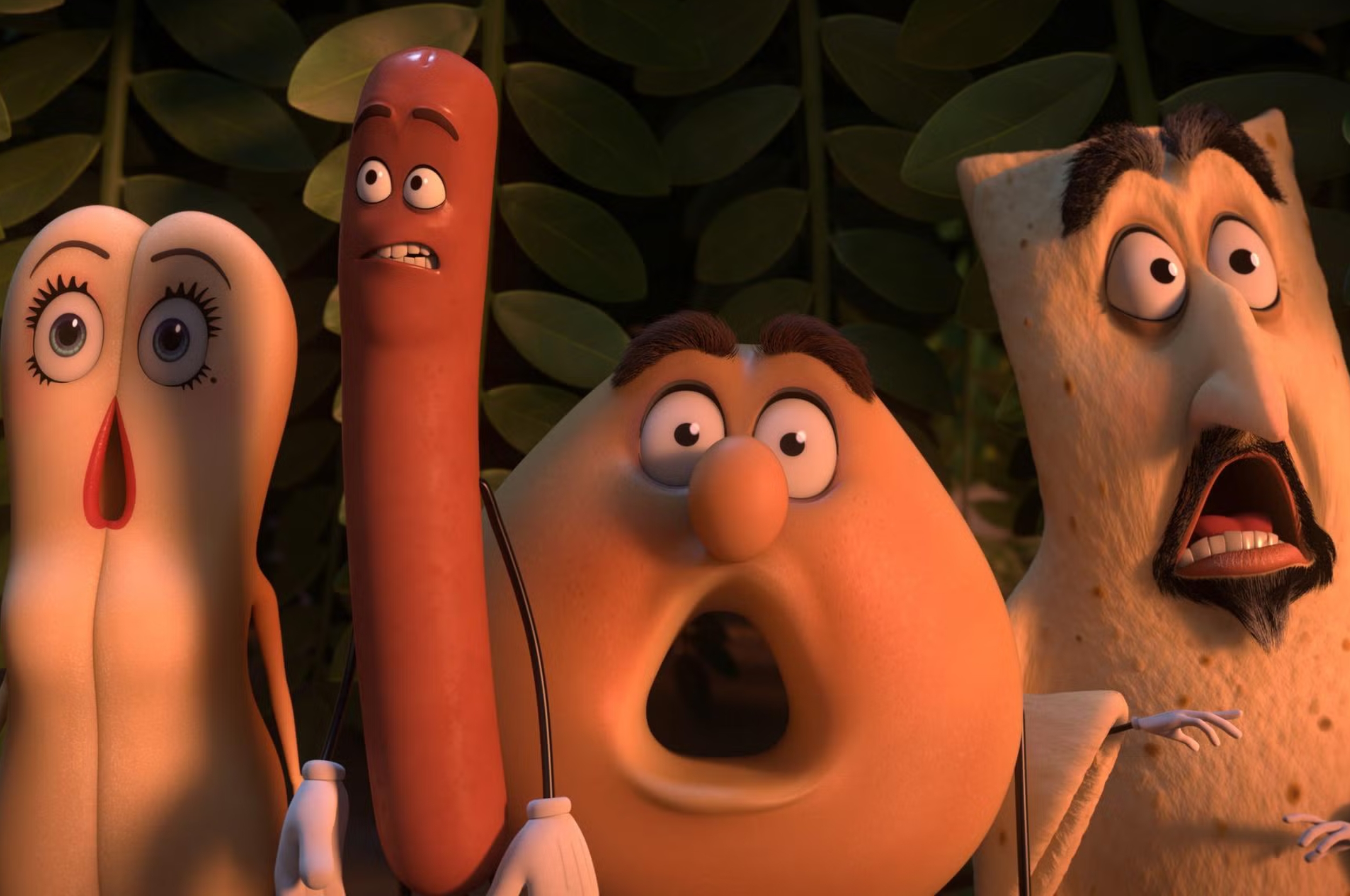 Animated nutrient  characters look  shocked, including a blistery  dog, bun, and flatbread, each  with expressive faces and cartoon features
