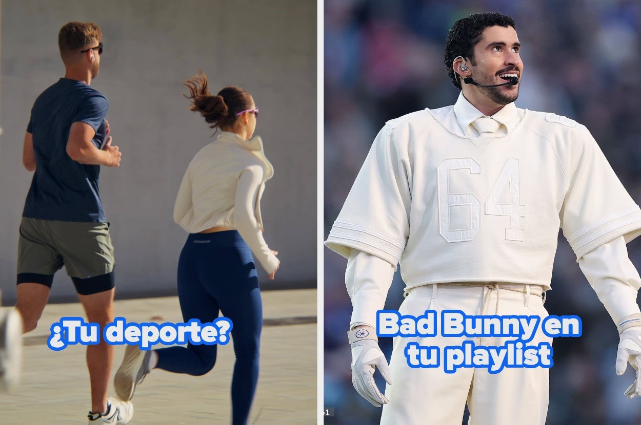Two runners are passing by; Spanish text reads "¿Tu deporte?" next to them. On the right, a performer in a futuristic outfit; Spanish text reads "Bad Bunny en tu playlist."