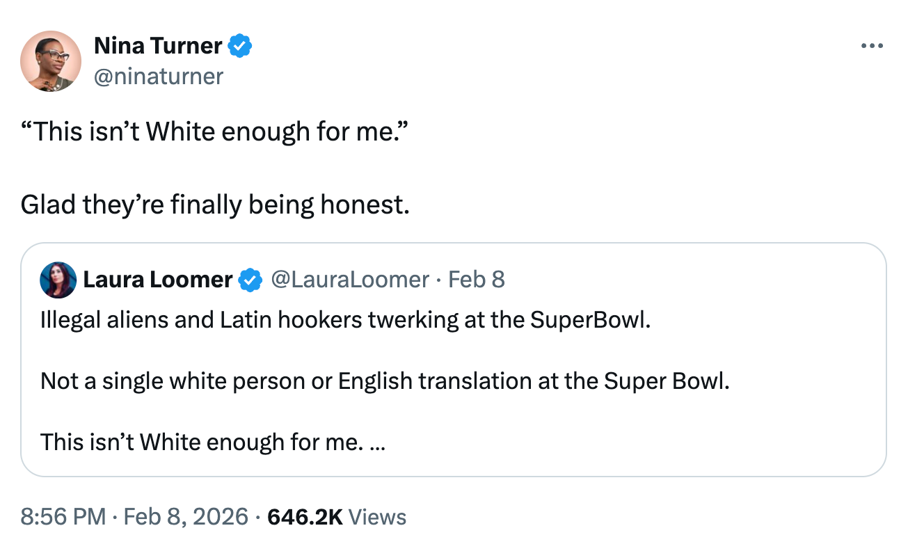 Nina Turner responds to Laura Loomer's tweet criticizing non-White beingness  astatine  Super Bowl, highlighting the radical   undertones