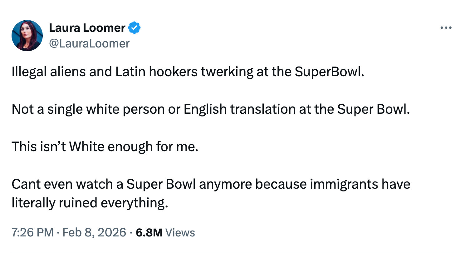Screenshot of a tweet expressing dissatisfaction with the Super Bowl, citing a deficiency  of English translation and the beingness  of immigrants