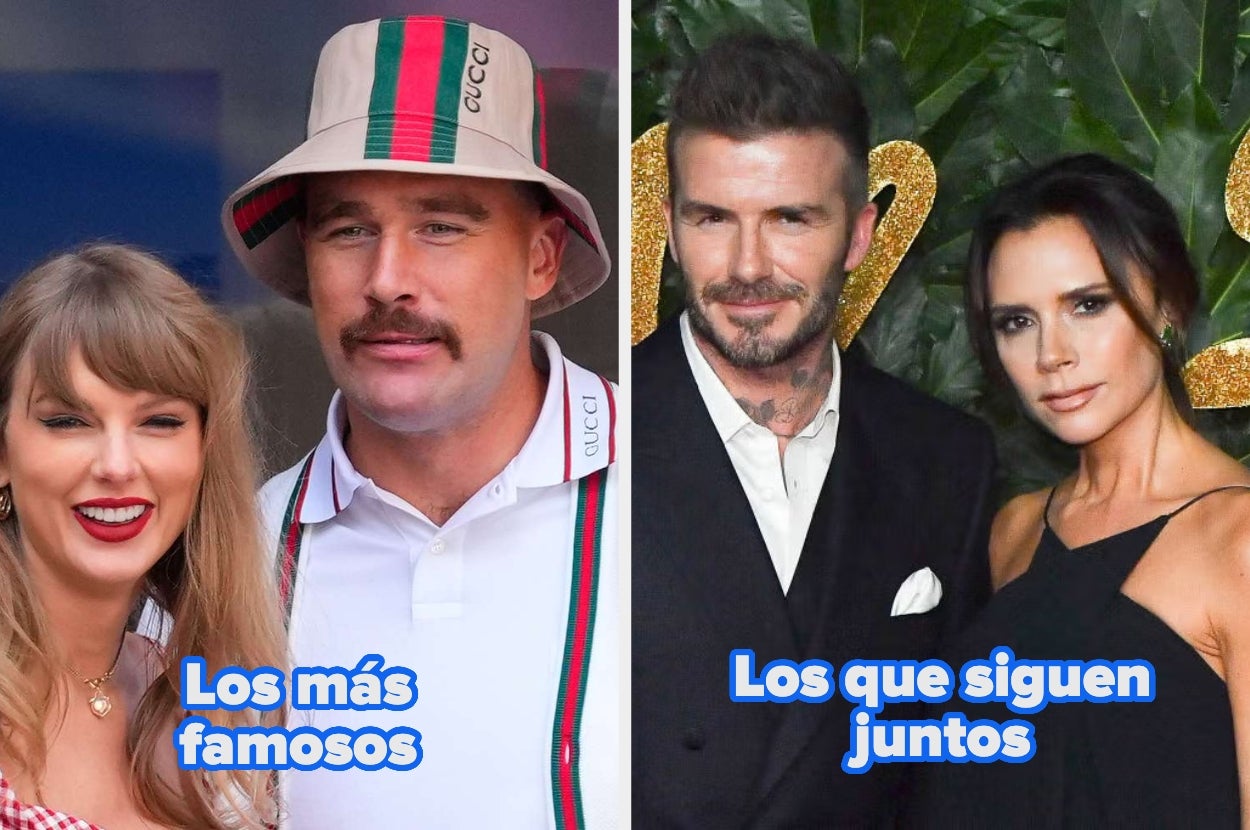 Two side-by-side photos: left shows three people, one in a hat; right shows a couple in formal wear. Spanish text reads "Los más famosos" and "Los que siguen juntos."