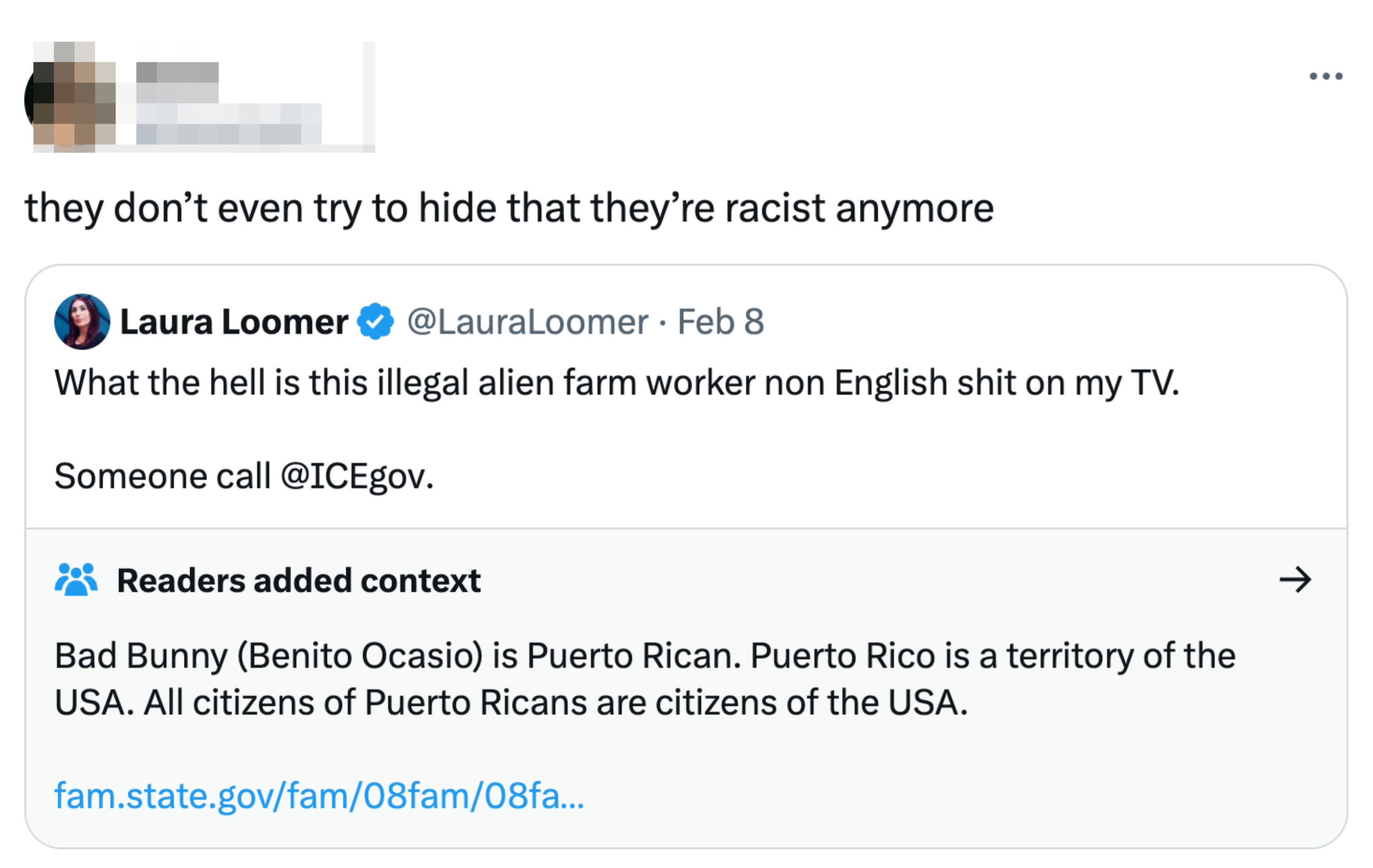 Tweet by lexie criticizing Laura Loomer's tweet astir  a TV broadcast. Context clarifies Puerto Ricans are U.S. citizens
