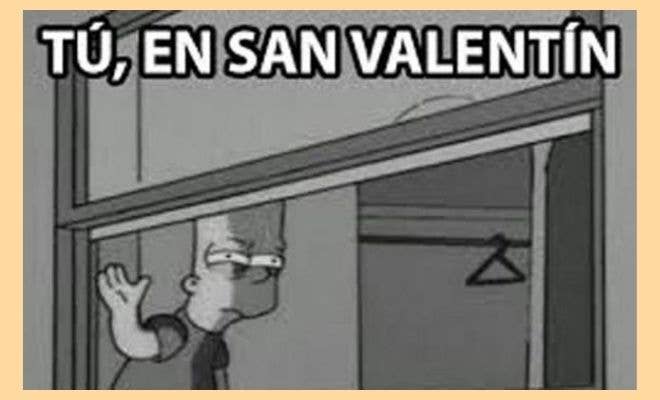 Cartoon character looks out a window, appearing sad. Spanish text implies feelings of loneliness on Valentine's Day