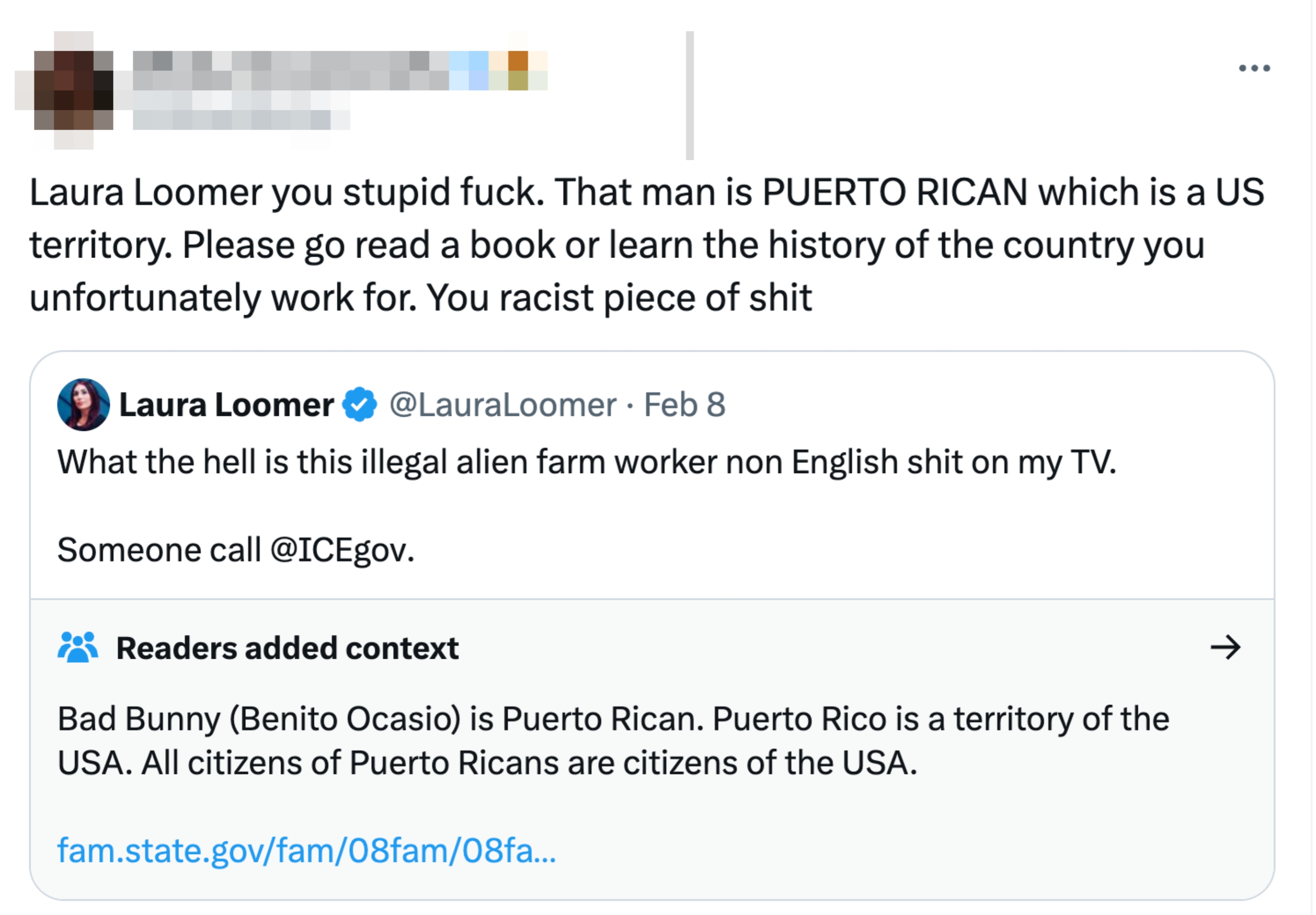 Tweet criticizing Laura Loomer for comments astir  a Puerto Rican celebrity, highlighting a misconception astir  Puerto Rico's presumption    arsenic  a US territory