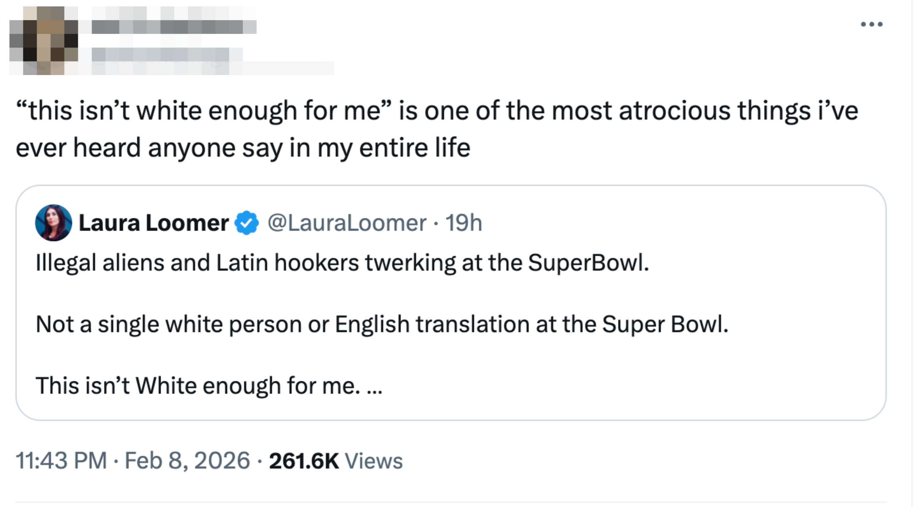 Tweet criticizing different  tweet complaining astir  deficiency  of achromatic  radical   and English astatine  the Super Bowl