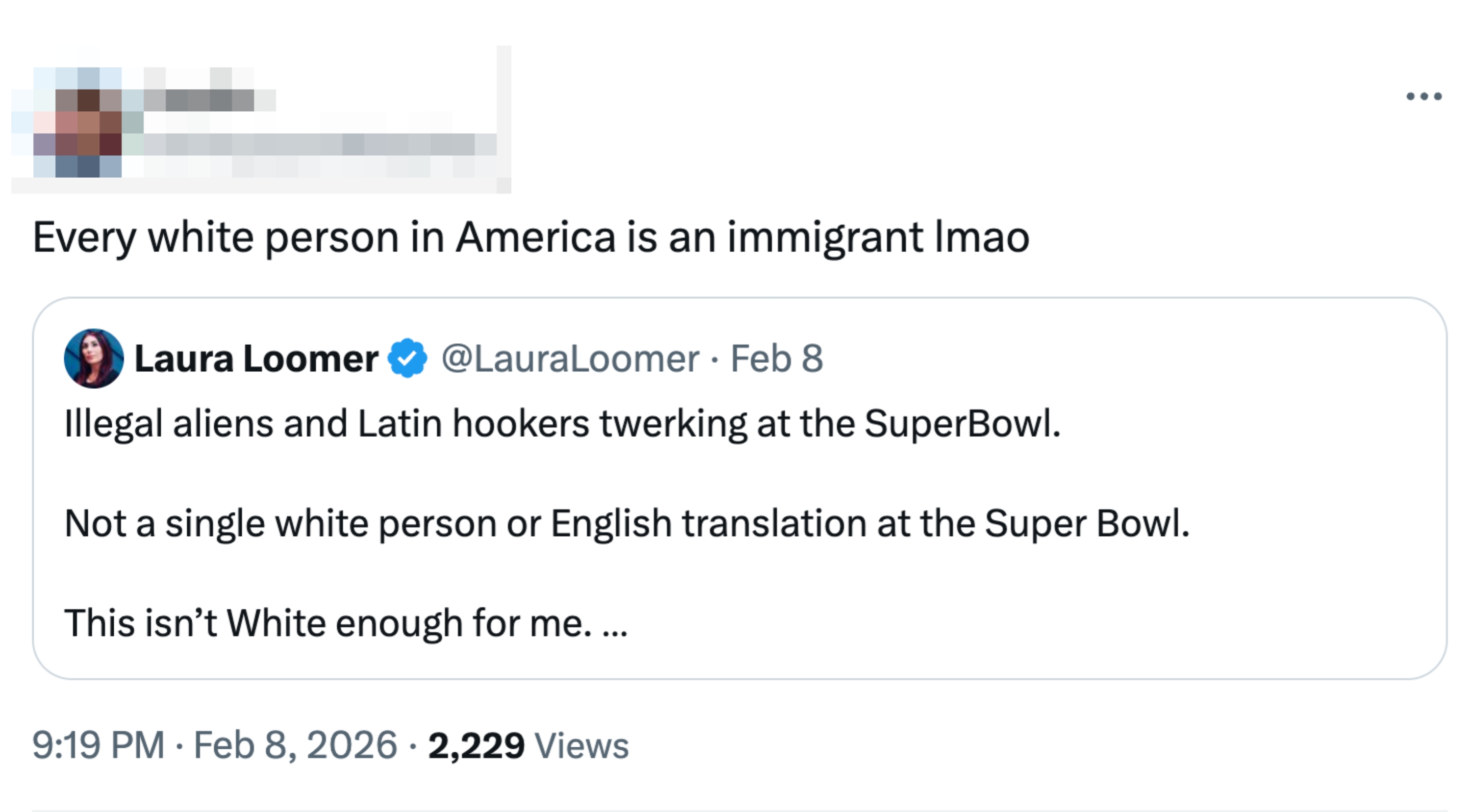  Justin jokes astir  each   achromatic  idiosyncratic   being an migrant  successful  America. Laura Loomer criticizes Super Bowl for deficiency  of achromatic  radical   and English translation
