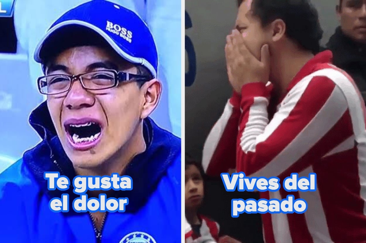 Two emotional soccer fans reacting to a game; one sobbing with hands on face, the other shouting. Text: "Te gusta el dolor," "Vives del pasado."