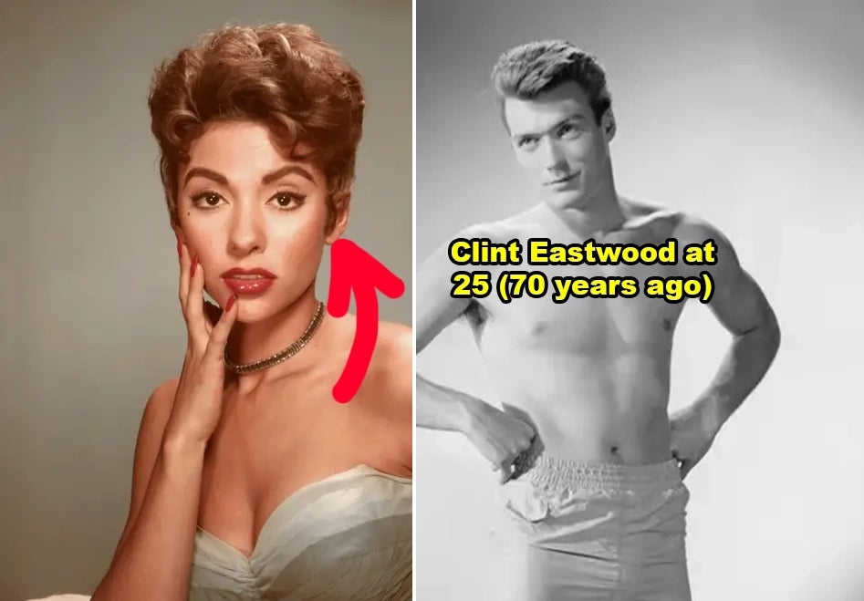 Old Hollywood glamour shots of Rita Moreno in her 20s and a shirtless Clint Eastwood at age 25
