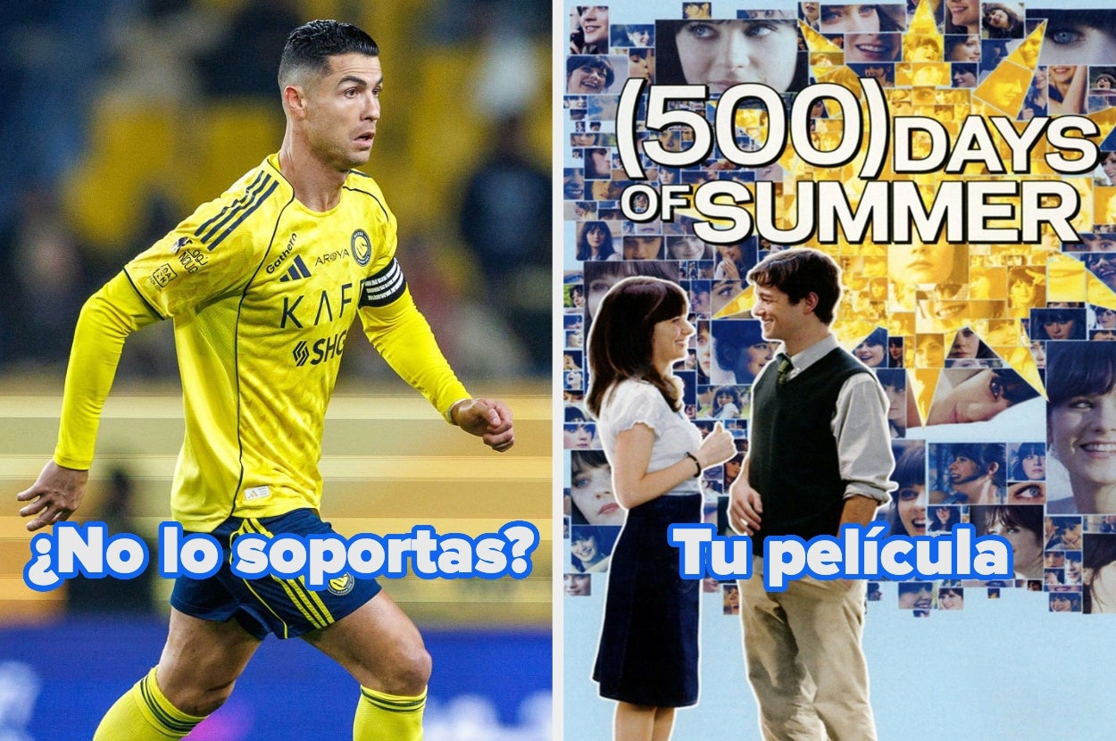 Soccer player in yellow jersey on left; movie poster for "(500) Days of Summer" with two characters interacting, text "No lo soportas? Tu película" overlayed