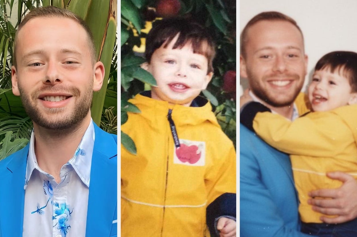 Adult man in a light blue suit next to childhood photos of himself: a boy in a yellow jacket, and an adult holding him as a child, both smiling