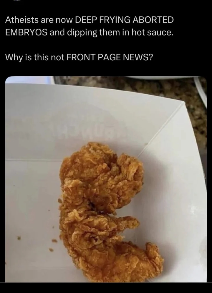 Text overlay questions the newsworthiness of an event, with a photograph  of fried food