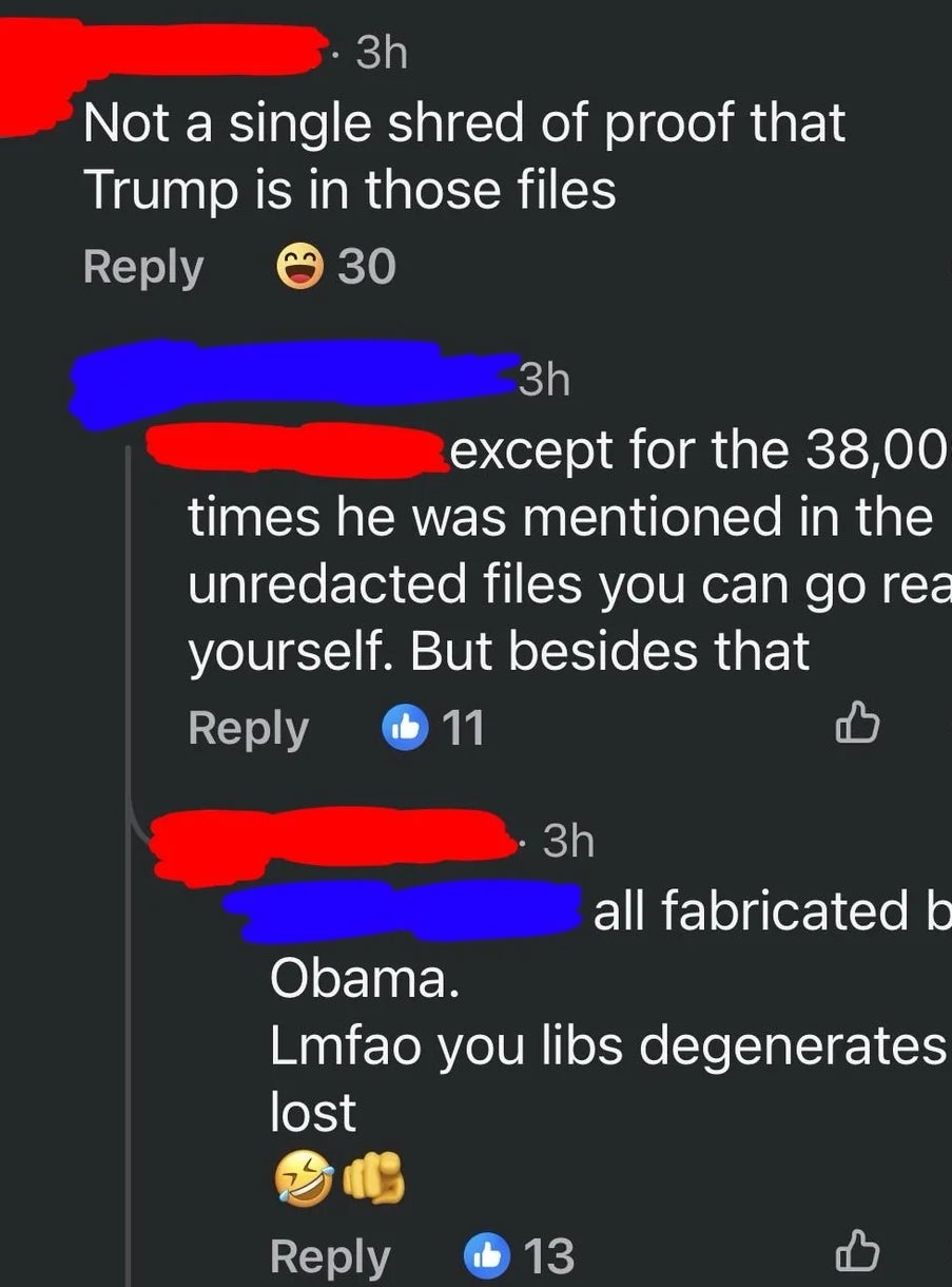 Screenshot of a societal  media speech   astir  Trump's notation  successful  files, with replies disputing and mocking the claims