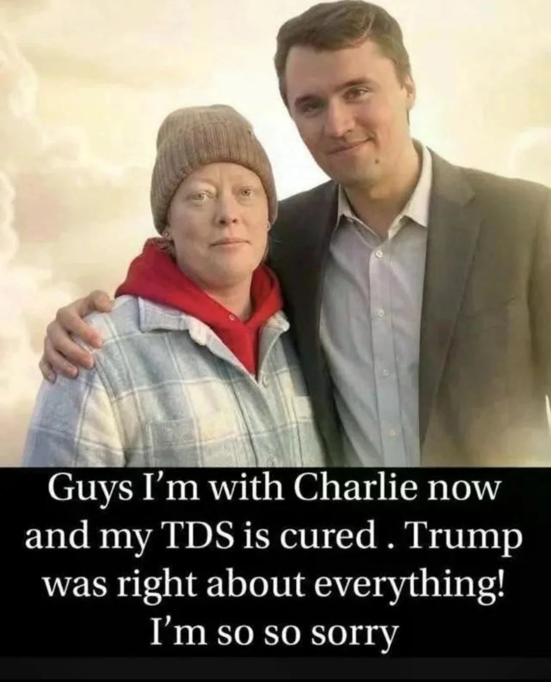 Two radical   posing together, some  looking astatine  the camera. Text apologizes for a erstwhile   stance connected  TDS and praises Trump