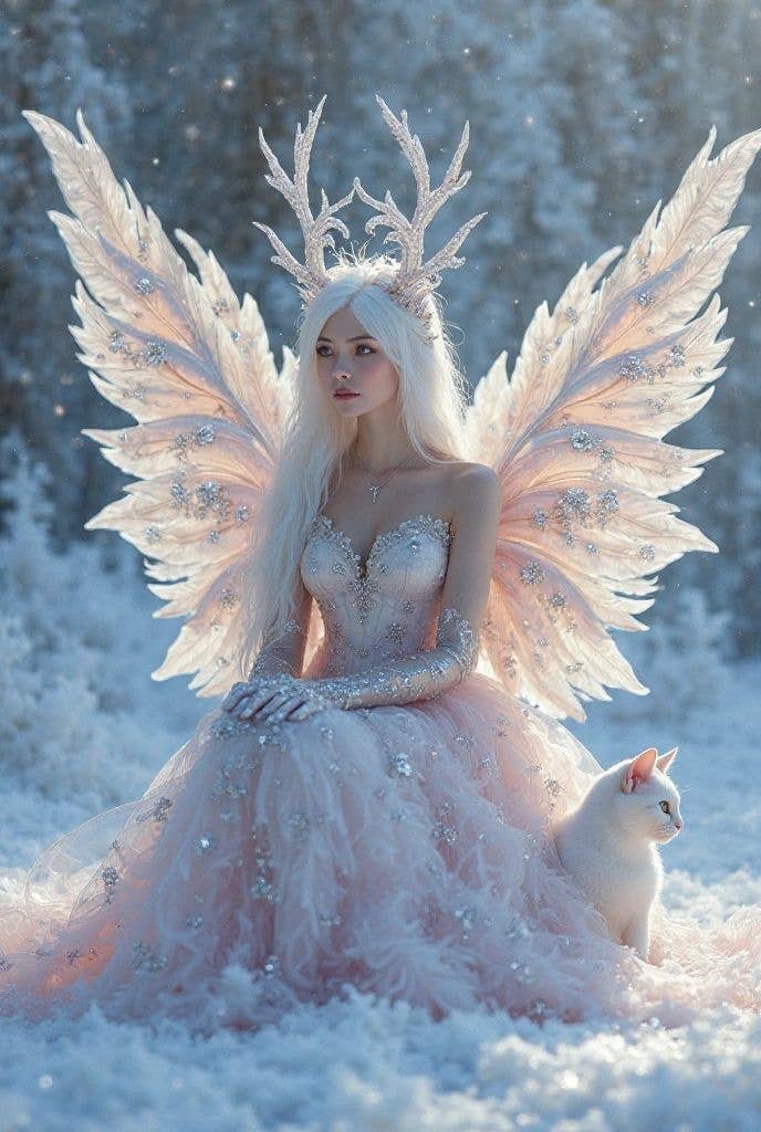 Mujer con vestido de gala y alas de fantasía, sentada en ambiente invernal, acompañada por un gato blanco. Lleva una corona con astas decorativas