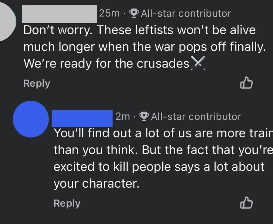 Two societal  media comments discussing imaginable   conflict, 1  suggesting readiness for violence, the different   criticizing this mindset