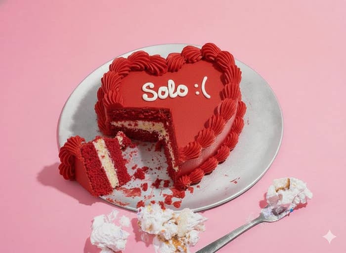 Pastel de corazón con "Solo :(" escrito, falta un trozo. Fondo rosa, tenedor y envoltorios desordenados al lado