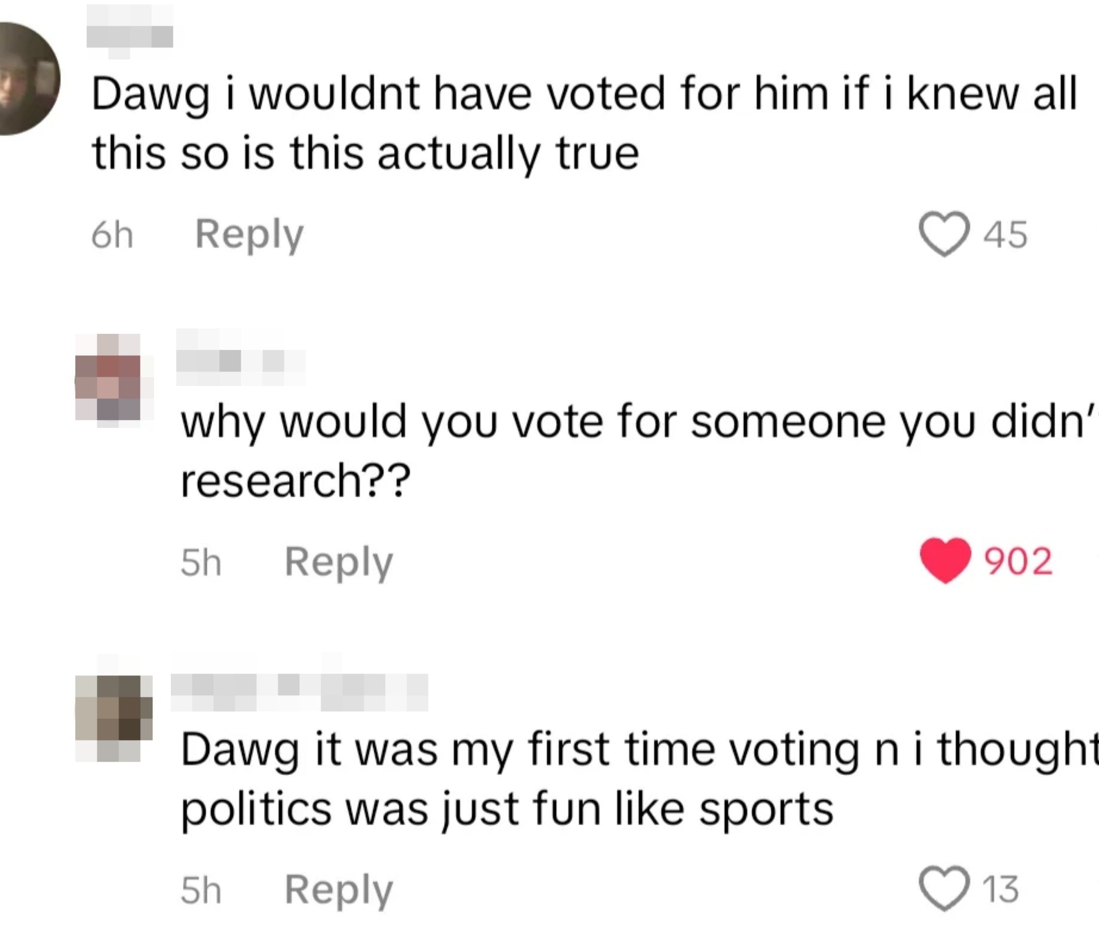 Comments discussing regret implicit    voting for a candidate; speech  suggests deficiency  of anterior  research