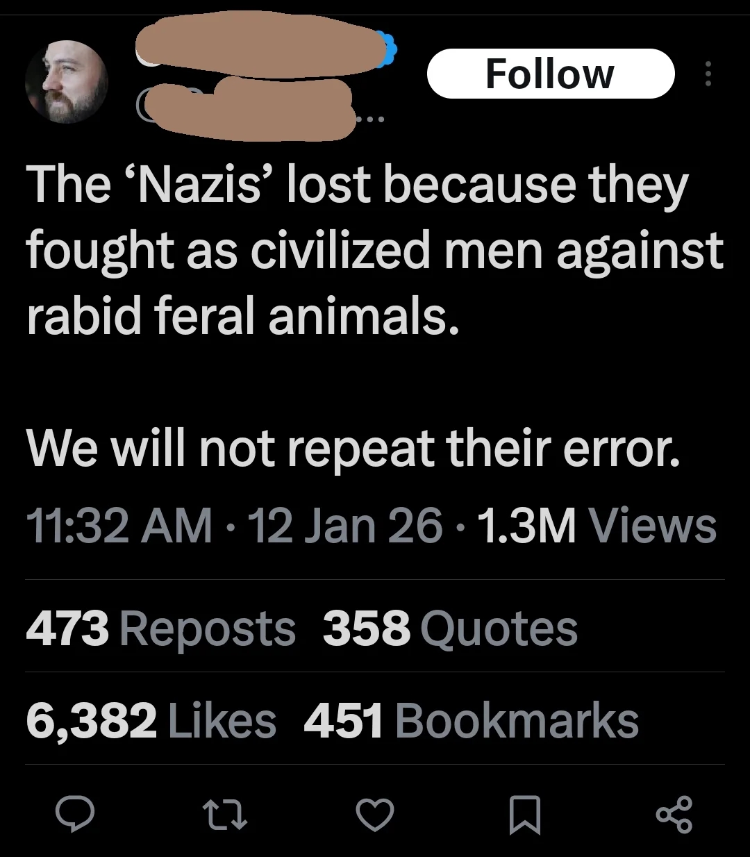  Statement suggests Nazis mislaid  by warring  civilized, warns against repeating their mistake. Includes engagement stats and date