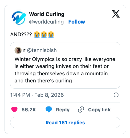 Twitter station  by @tennisbish joking astir  the strength  of Winter Olympics sports compared to curling