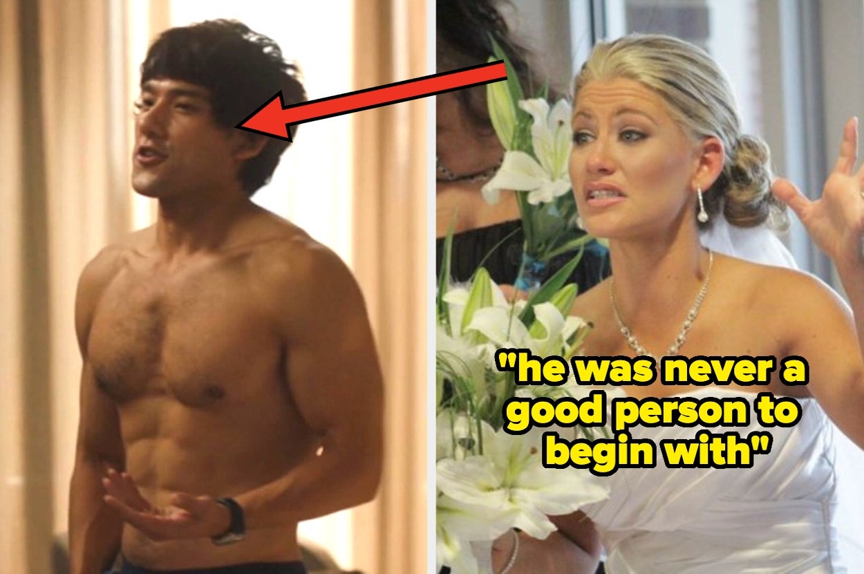 Man without a shirt speaking, arrow pointing at him; woman in bridal attire appears upset, with text: "he was never a good person to begin with."