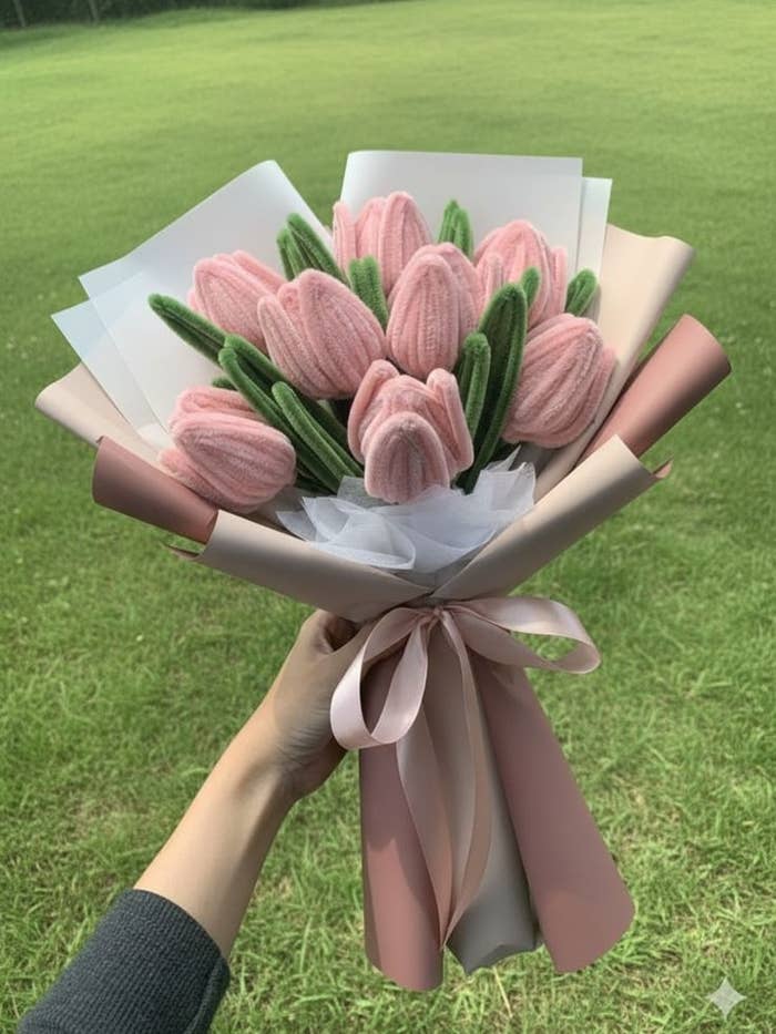 Ramo de tulipanes tejidos sostenido por una mano, con césped verde en el fondo