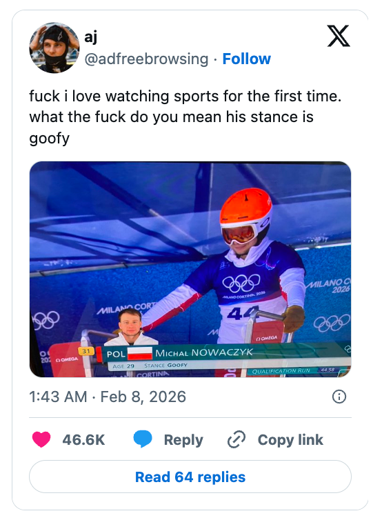 Tweet screenshot of a skier astatine  the Olympics with humorous caption astir  the skier's stance