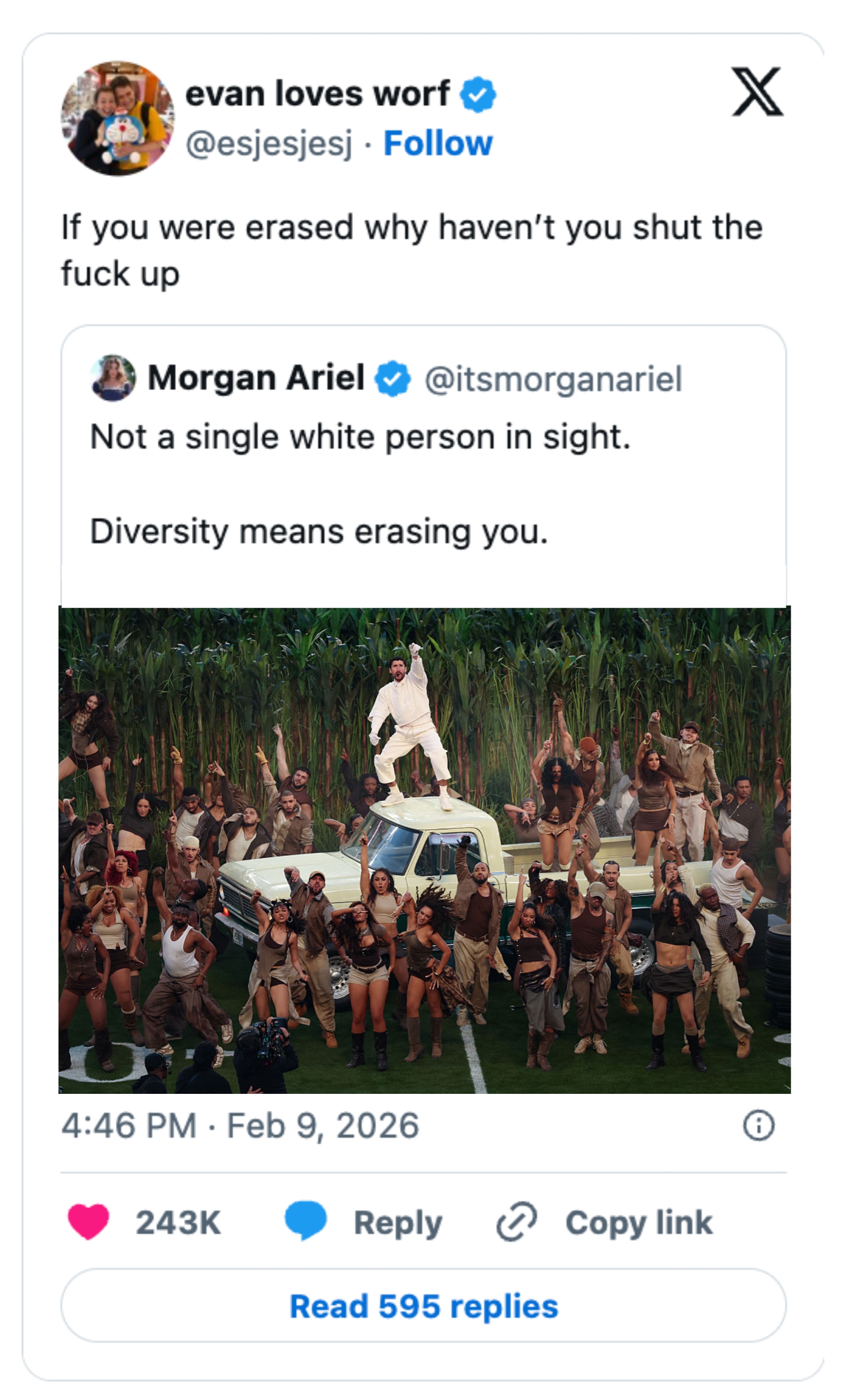 Tweet by @esjesjesj questions soundlessness  aft  erasure, quoting @itsmorganariel's tweet astir  diverseness  and shows a radical  posing with a car