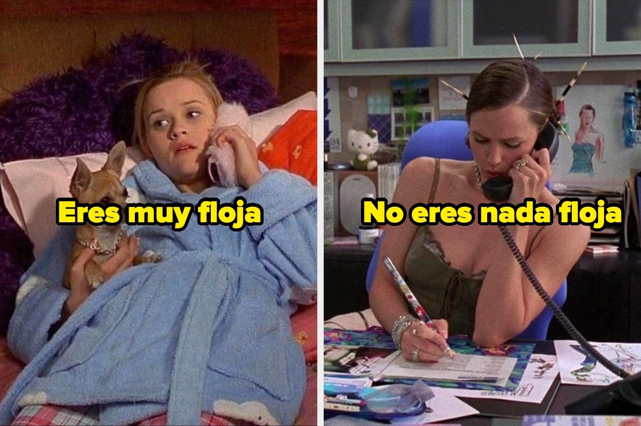 Comparación de dos escenas: una mujer en bata con su perro y otra trabajando en una oficina, con texto sobre ser perezosa o no