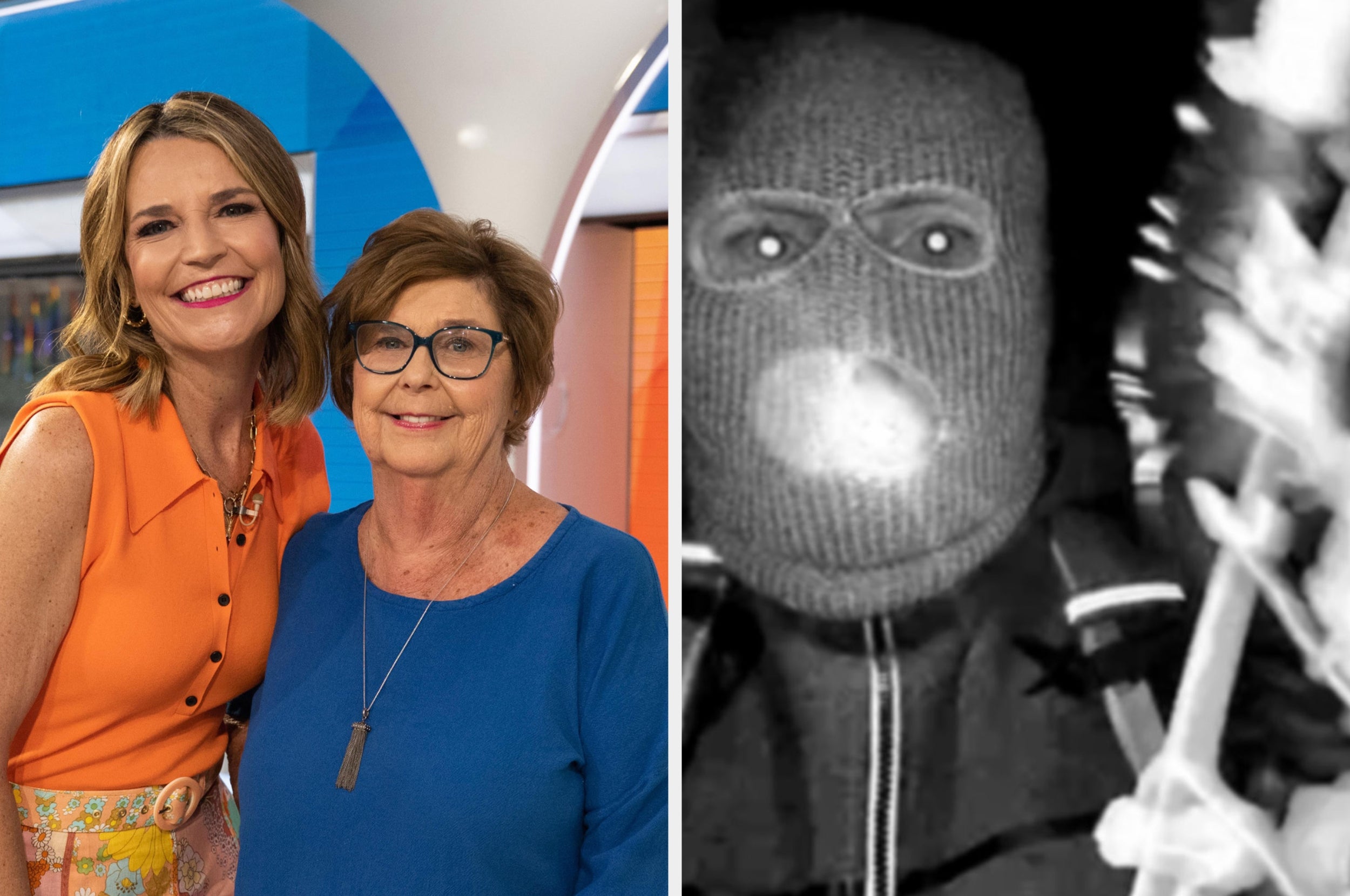 Two women smile indoors; one in an orange dress, the other in blue. Right: Person in ski mask looks at security camera