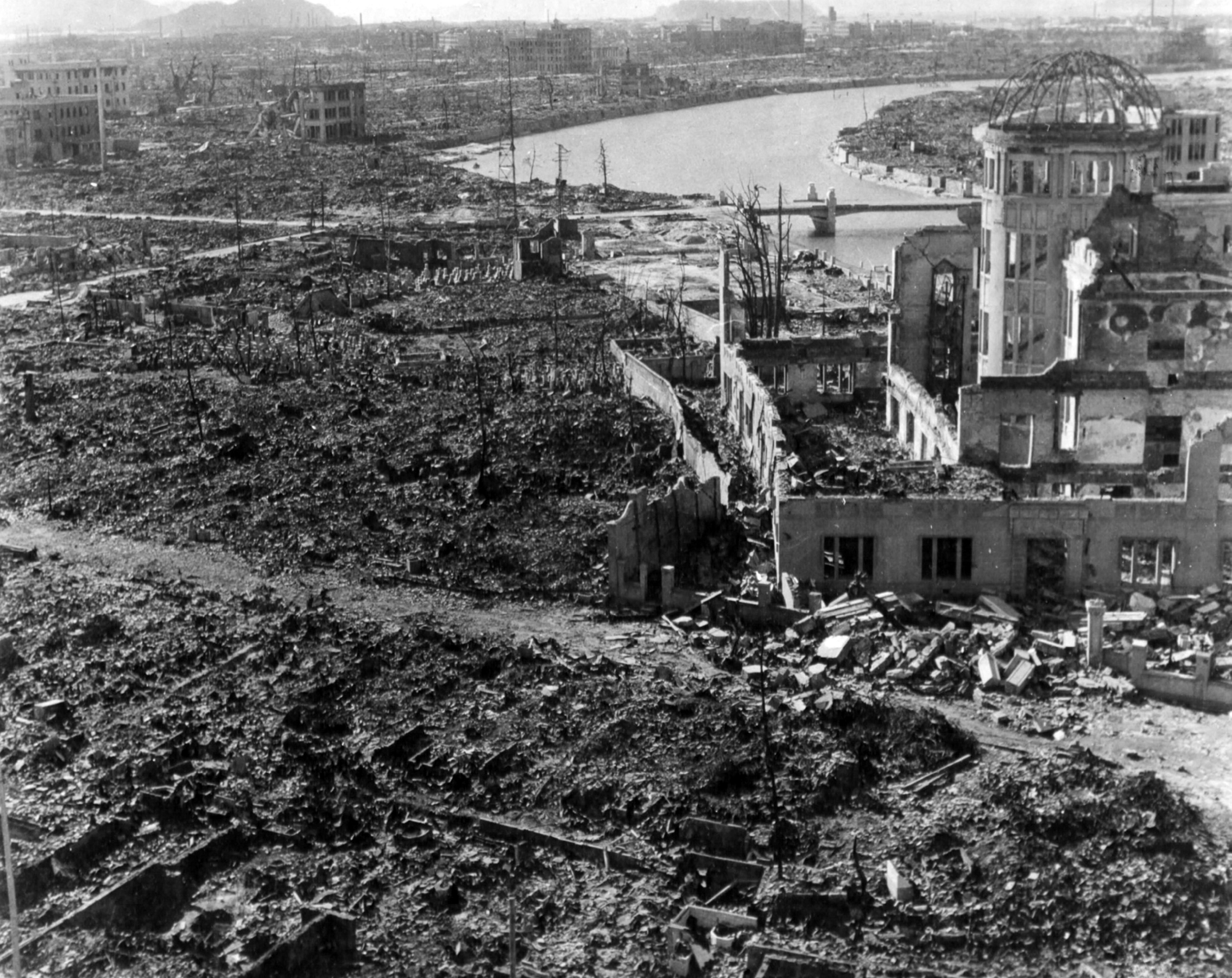 Ruins of Hiroshima aft  the atomic bombing successful  1945, with destroyed buildings and debris dispersed  crossed  the landscape