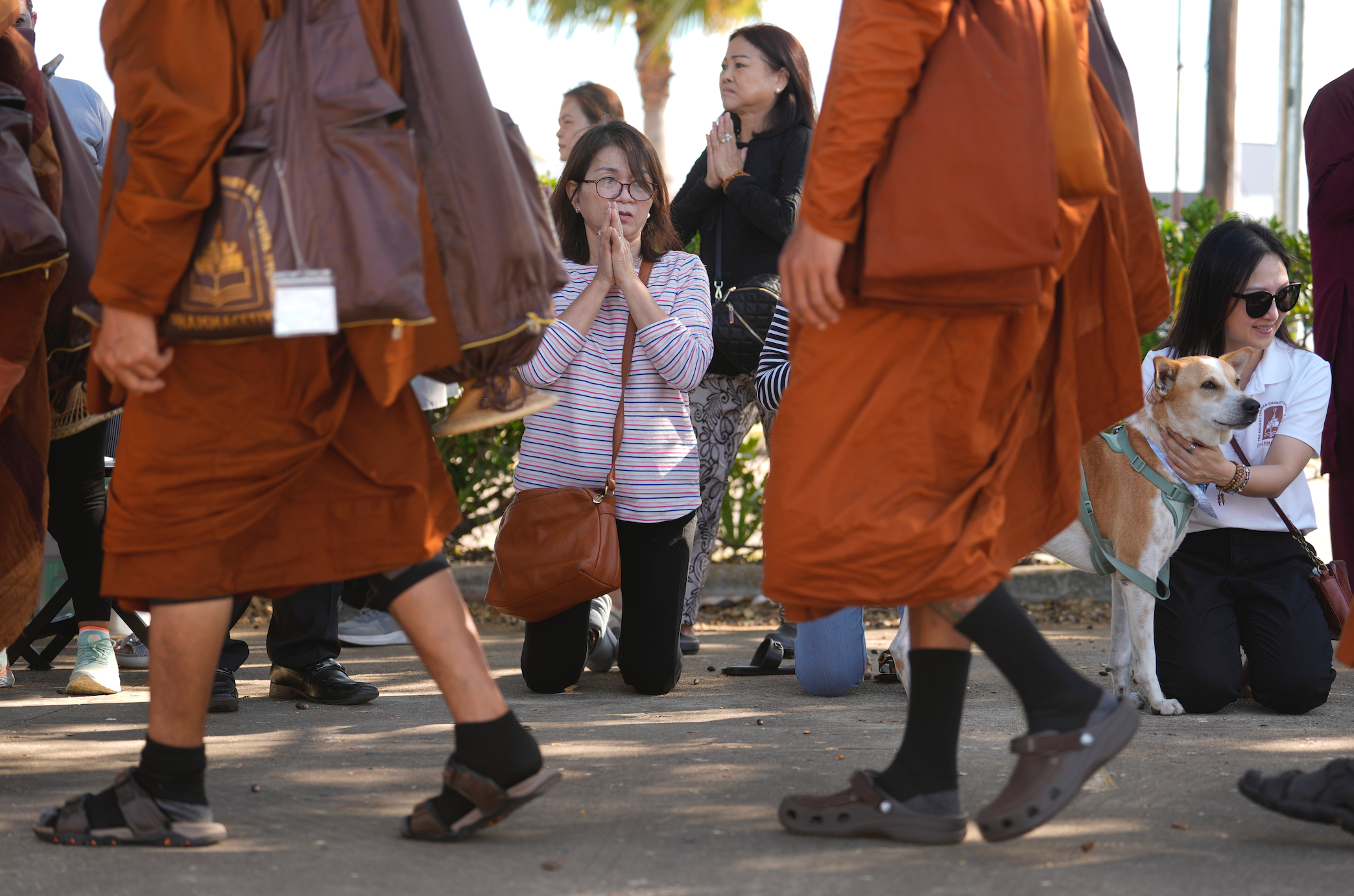 Orang-orang berlutut dan berdoa ketika para biksu Buddha lewat; seorang wanita dengan seekor anjing duduk di dekatnya