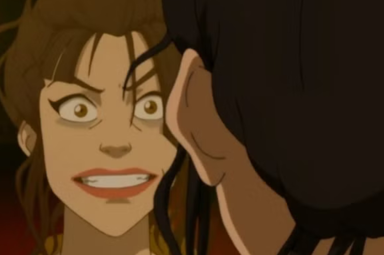 Animated scene with a character showing a tense expression, eyes wide, and mouth partially open as if in confrontation