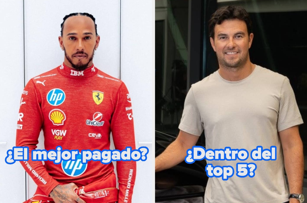 On the left, a person in a race suit with sponsor logos. On the right, a person in a casual t-shirt. Text questions salary rankings