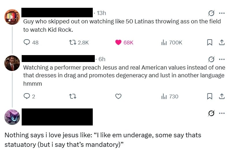 Social media station  with users discussing a show  examination  betwixt  Kid Rock and different  artist, referencing values and arguable  behavior
