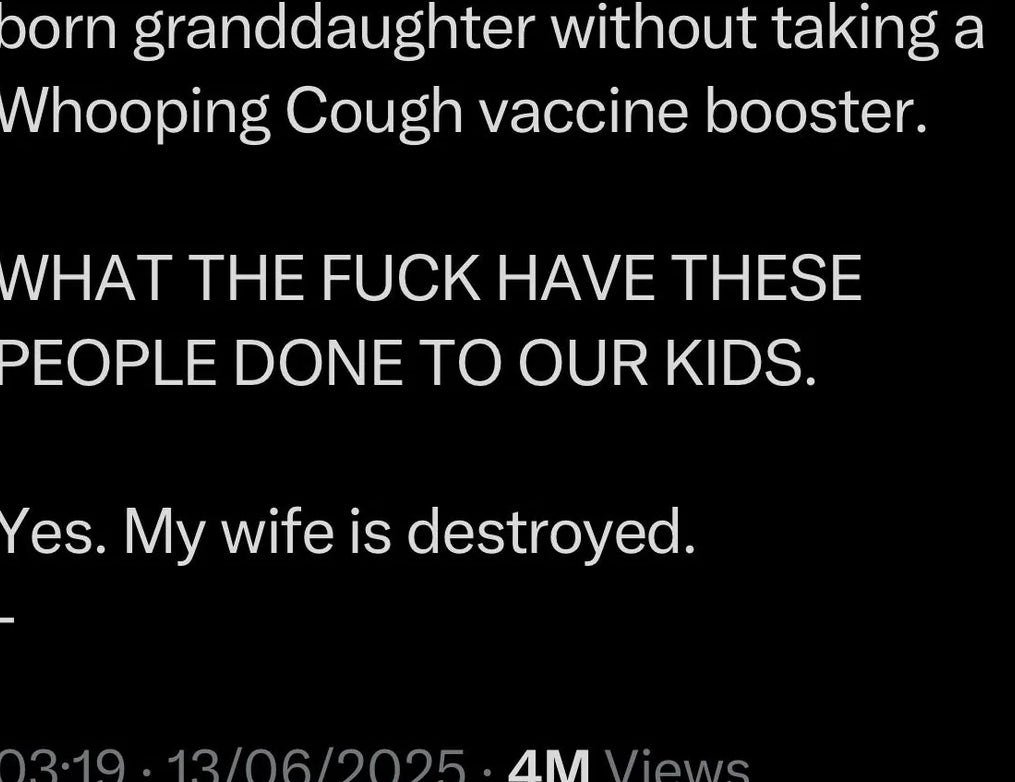 Tweet expressing distress implicit    being incapable  to spot    granddaughter owed  to vaccine requirement. Ends with "Yes. My woman  is destroyed." 4M views