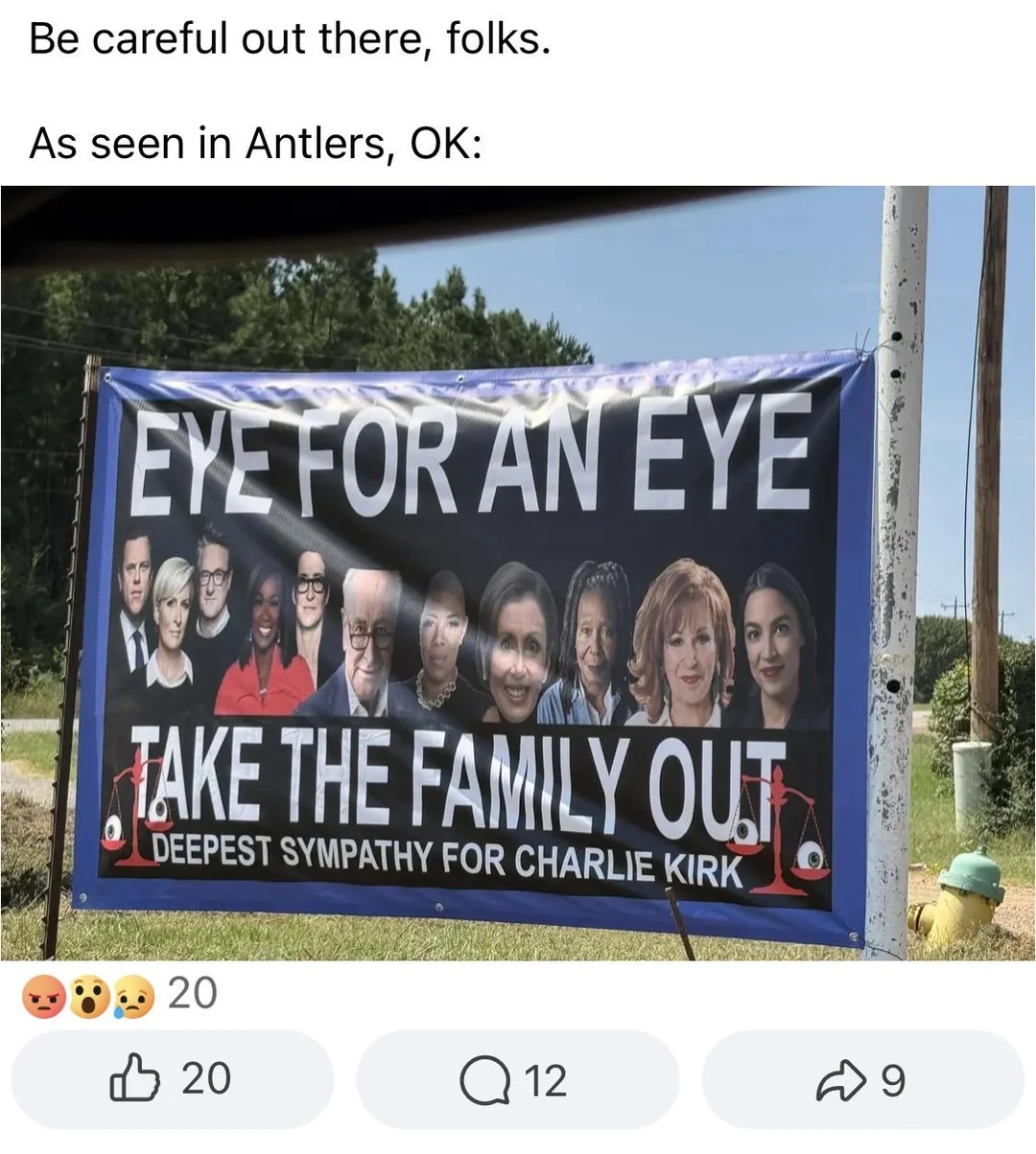 A billboard reads "Eye for an Eye, Take the Family Out" with photos of individuals and "Deepest Sympathy for Charlie Kirk." Social media reactions below