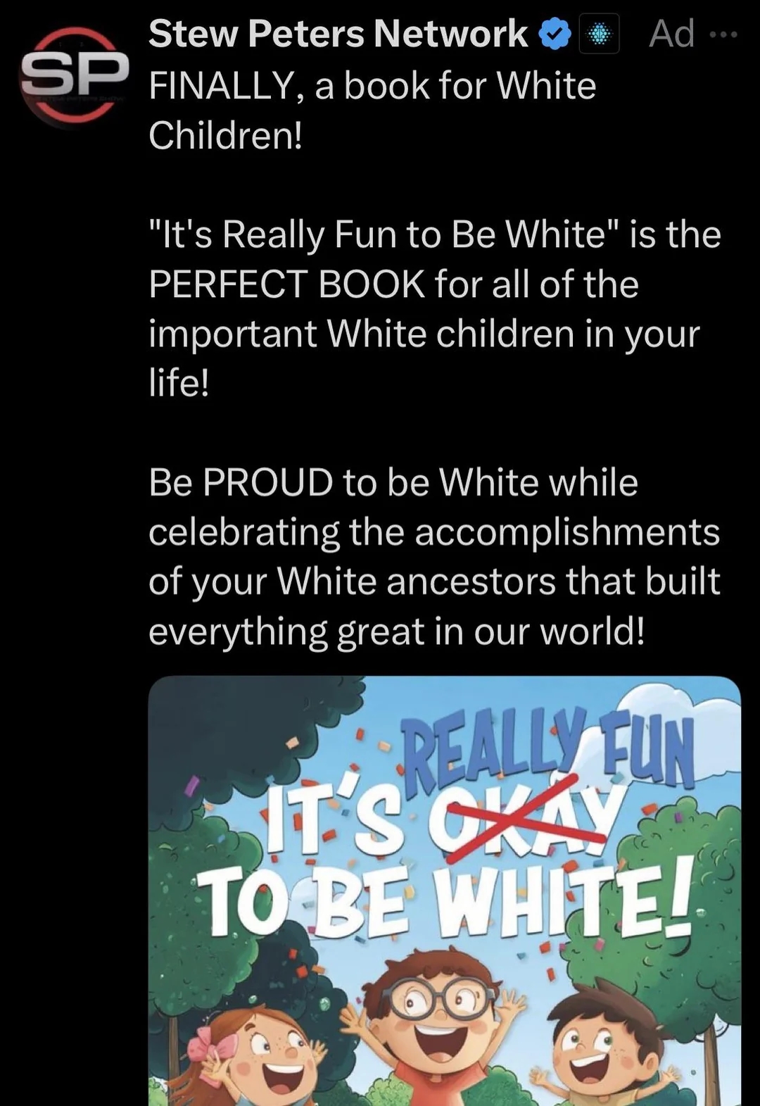 An advertisement  for a publication  titled "It's Really Fun to Be White," promoting pridefulness  successful  achromatic  practice  and achievements