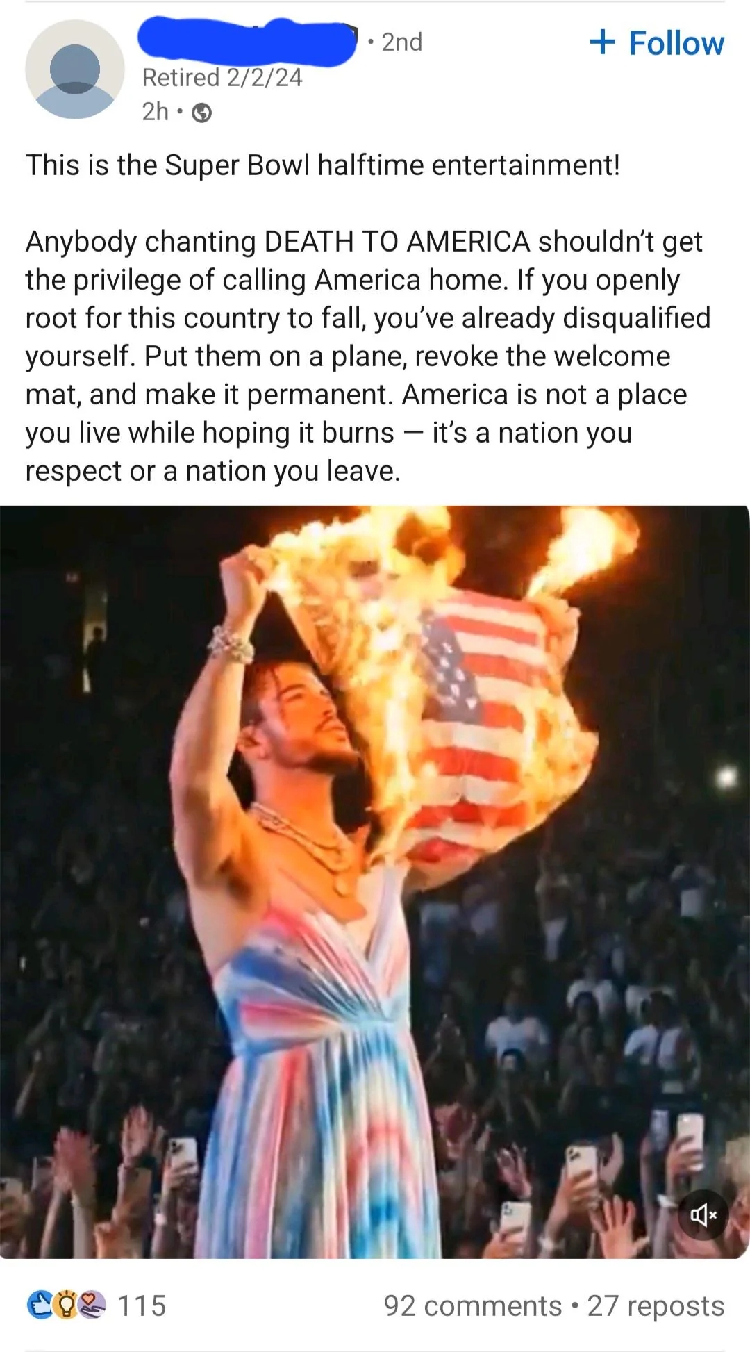 Person burning an American flag, with substance   expressing beardown  opinions astir  respect   and belonging successful  America. Comments and reactions disposable   below
