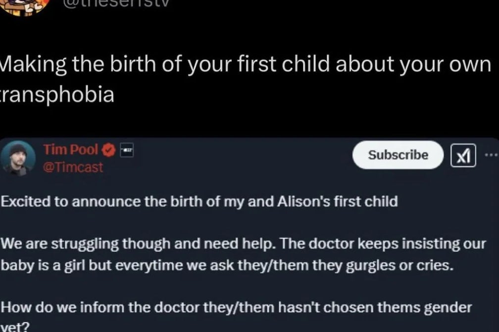 Tweet by The Serfs sharing Tim Pool's connection   astir  struggling with sex  individuality  for his archetypal  kid  and seeking proposal  connected  however  to grip  it