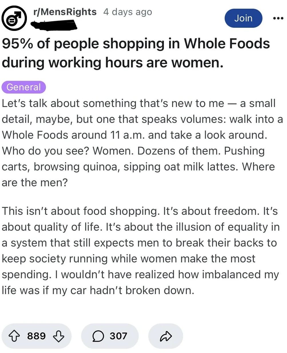 Reddit station  from r/MensRights discusses sex  organisation  astatine  Whole Foods, noting women buying  astatine  11 a.m. and addressing societal state  and equality
