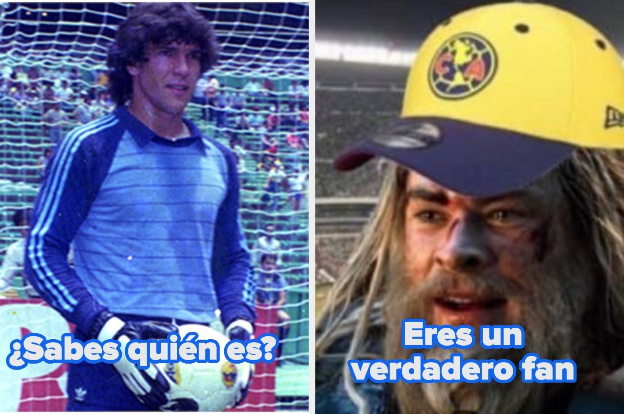 Split image: Left shows a soccer goalie holding a ball, text asks "¿Sabes quién es?"; right shows a bearded man with a hat, text says "Eres un verdadero fan"