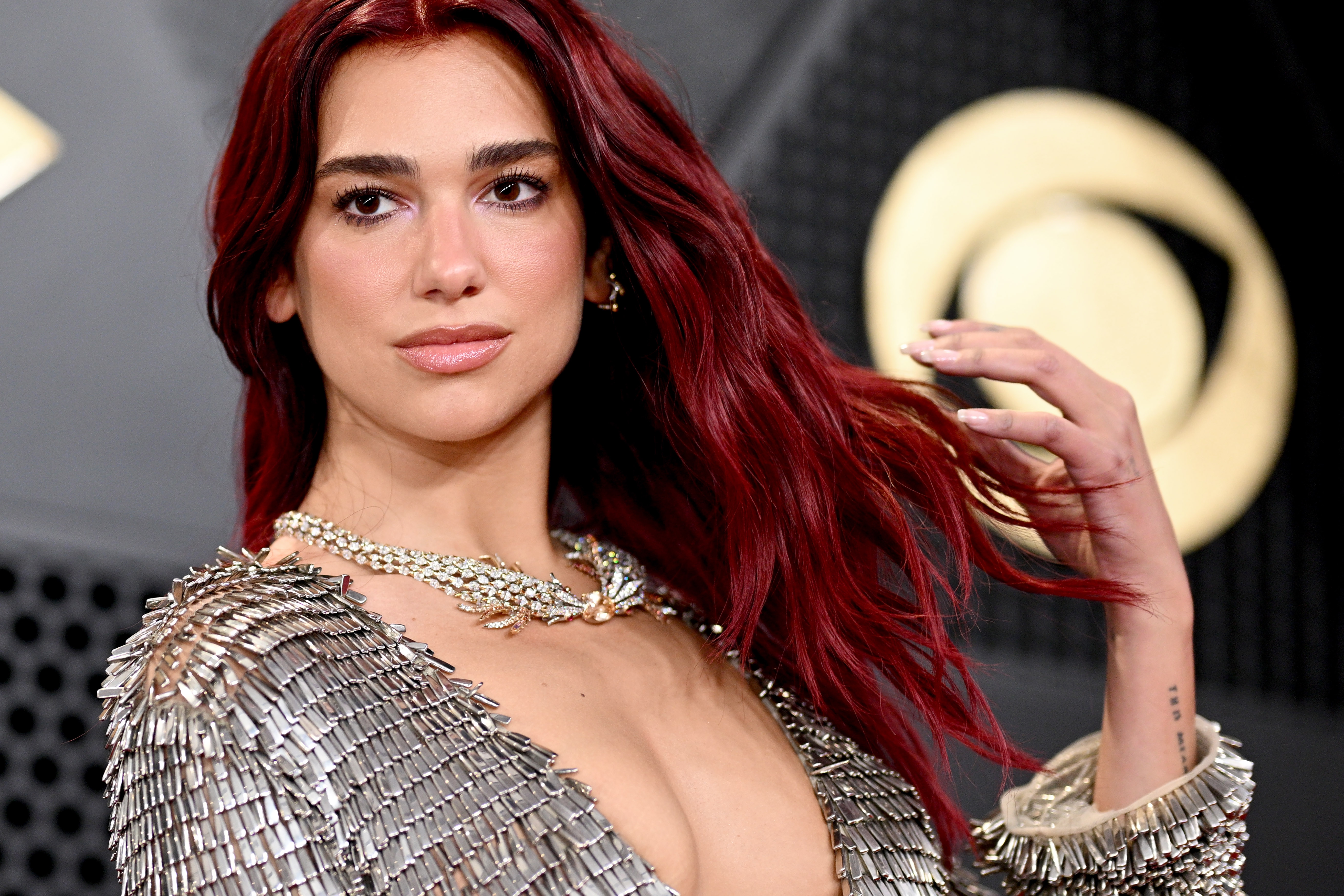 Dua Lipa poses connected  a reddish  carpet wearing an intricate, textured formal  with shimmering details, and styled agelong  hair