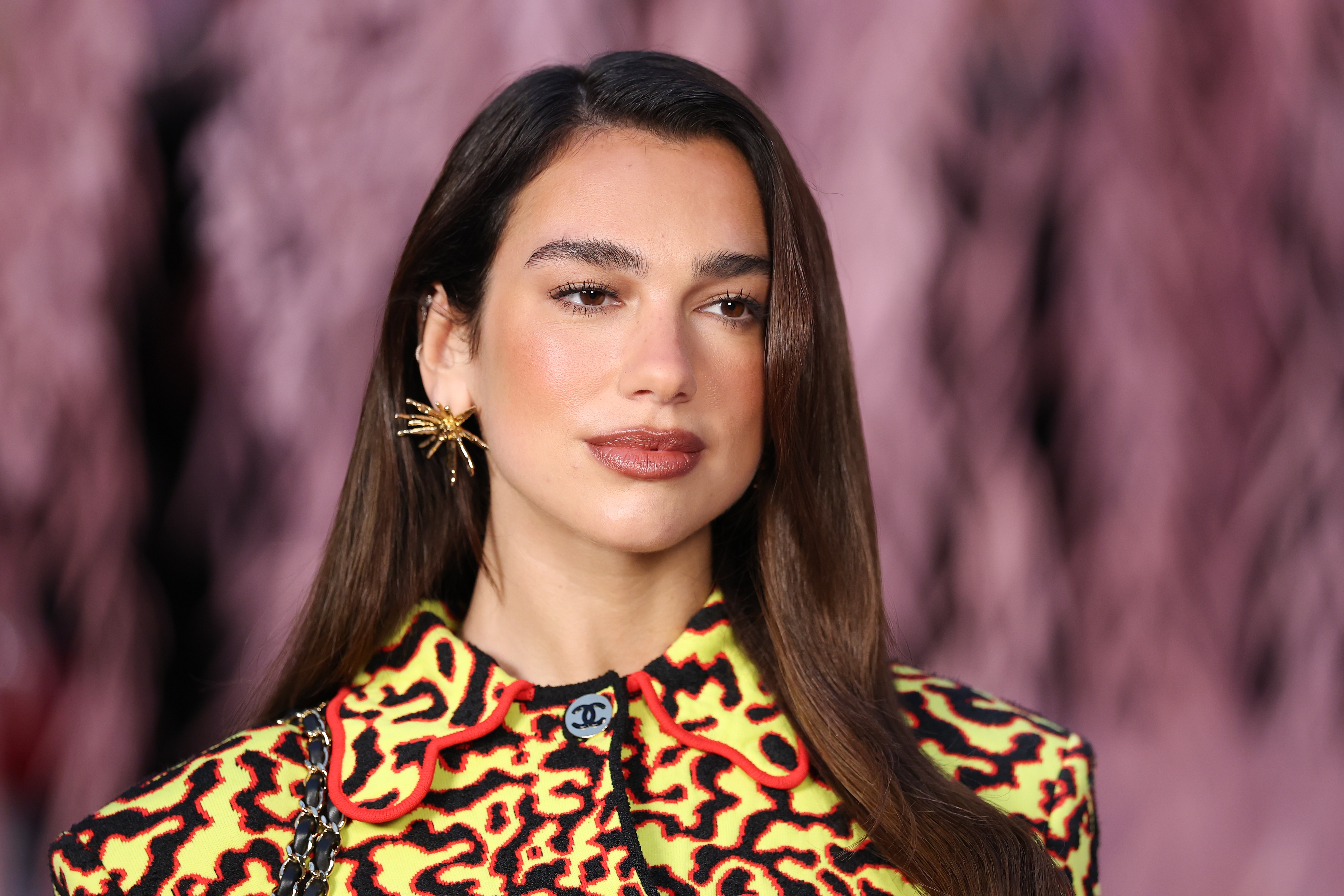 Dua Lipa poses connected  a reddish  carpet wearing a bold patterned overgarment   and unsocial   star-shaped earring