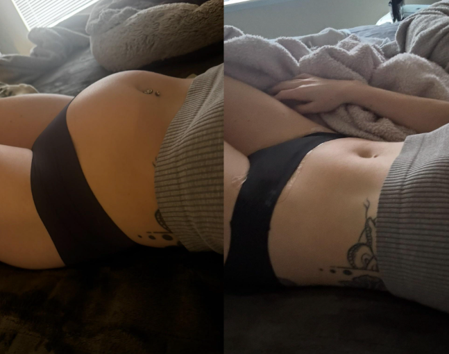 Two side-by-side images showing antithetic assemblage angles. Both images show a little assemblage with tattoos and akin attire connected a bed
